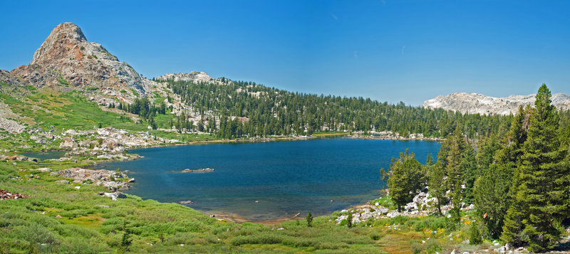 Snow Lake stands in the shadow of Quartzite Peak. The "trail" to Bigalow Lake goes up the slope to the right of Quartzite Peak.