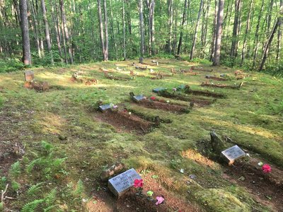 Just past Camp 64, cross the footbridge and take the unmarked trail directly ahead. This was a mid-May photo after the graves were decorated on the first Sunday in May, I assume, and the families had cleaned graves.