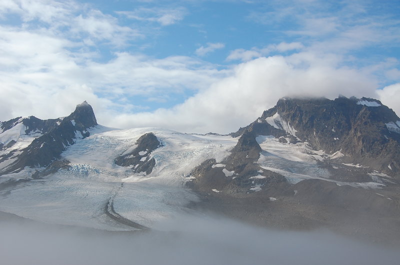 The glaciers in this area start in the alpine and flow to the valleys below.