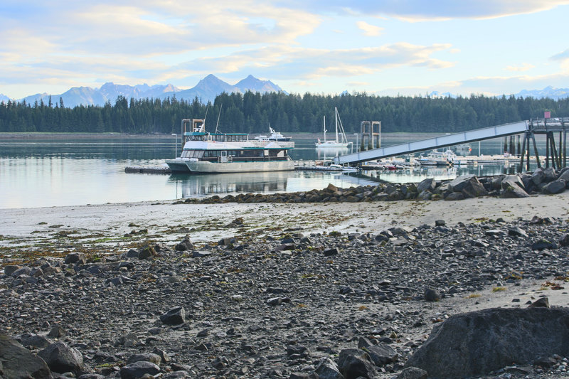 Enjoy great views from the Beach Trail toward the boat dock and towering peaks in the background.