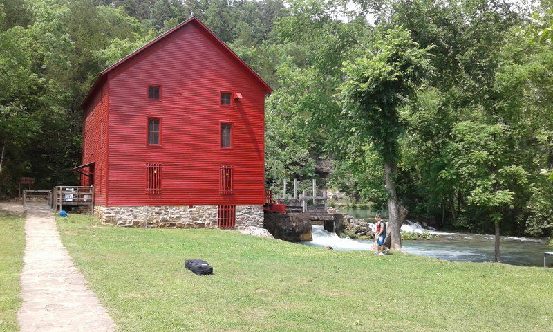 Be sure to stop and check out the mill at Alley Spring! From this view, the trail heads up and to the left.