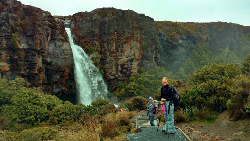 Climbing the stairs to get to the top of Taranaki Falls.