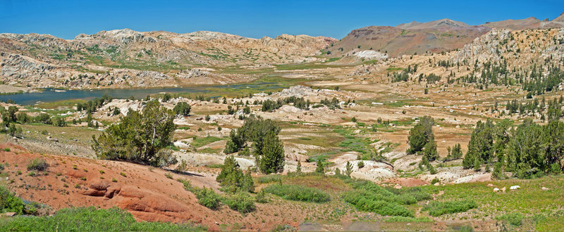 Emigrant Meadow Lake. Notice the contact zone on the ridge: all granite to the west and all metamorphic rock to the east