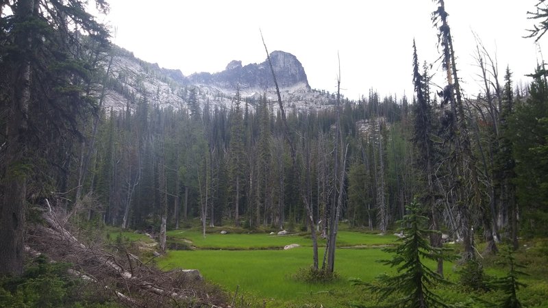 Nearing the lake, you can see the granite monolith that is the east face of Castle Crag.