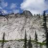 Castle Crag rises out of the slabs above Knaack Lake.