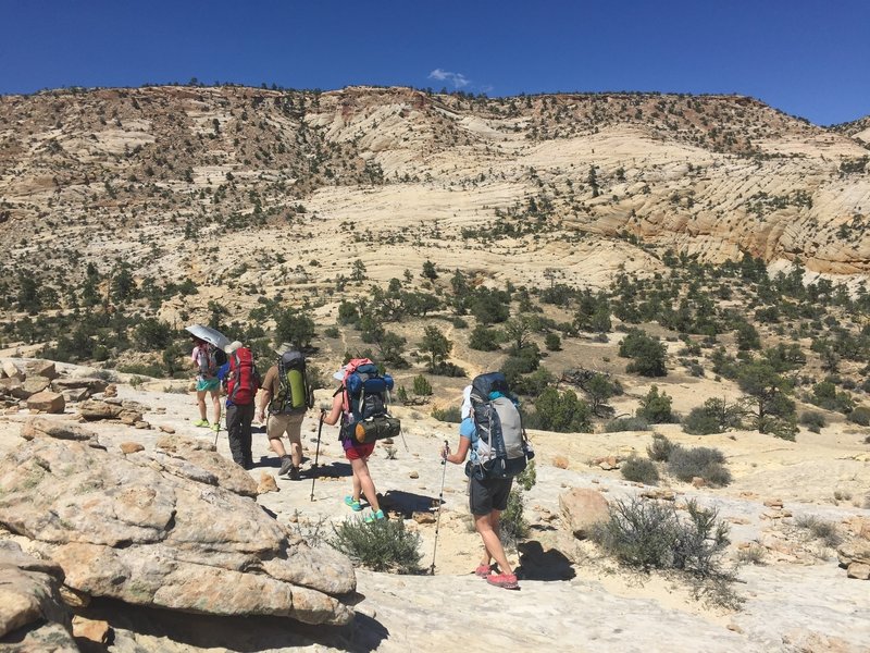 The team hikes along the Boulder Mail Trail with a lunar backdrop.