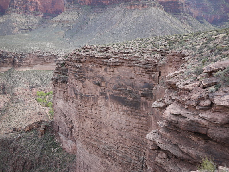 A rock face at Plateau Point hides most of the Bright Angel Trail.