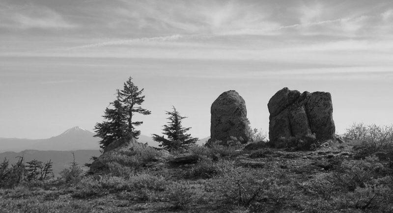 Split Rock: Is this the namesake? (Mt. McLoughlin stands in the background.)