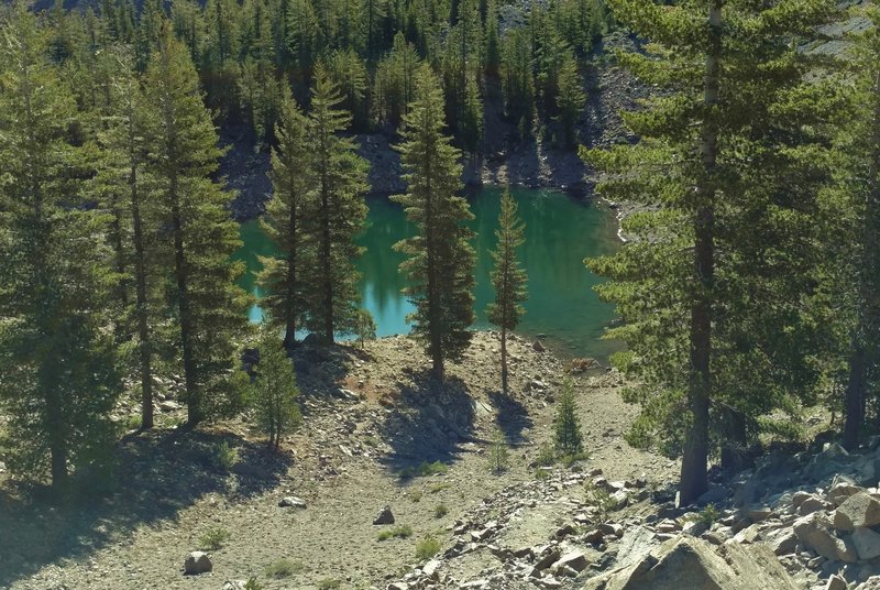 This view is looking down at Crags Lake from the rim of Chaos Crater – one of six volcanoes at Chaos Crags.