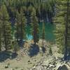 This view is looking down at Crags Lake from the rim of Chaos Crater – one of six volcanoes at Chaos Crags.