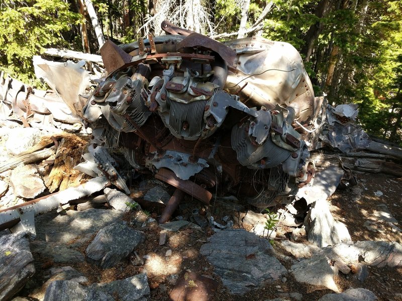 A Wright Cyclone R1820 Radial Engine (or what's left anyway) stands in remembrance of the flight crew who perished on this rocky mountainside.