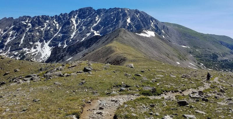 This view looks down from the trail to Lake Dorothy, toward the end of the Caribou Pass Trail/continuation of the Arapahoe Pass Trail.