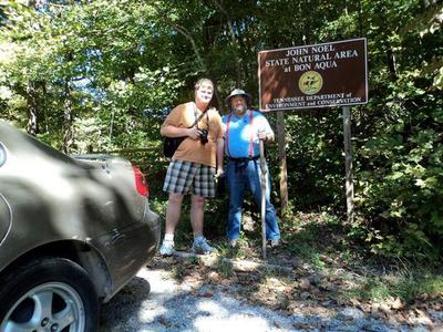 My son and I pose at the John Noel Trail parking area.