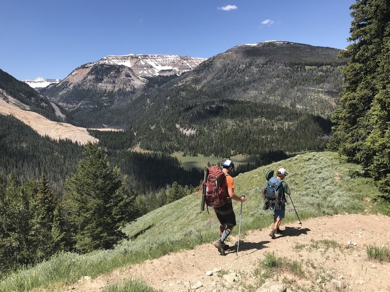 Heading north with views to the west into the Crystal Creek drainage past the landslide toward Pyramid Peak.