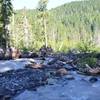 This was one third of the White River crossing (July 1, 2017). Head upstream once you've crossed the first section and look for shallow areas. Trekking poles and good footing is critical!