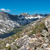 Upper Blue Lake and the spillway sit peacefully below the Continental Divide.