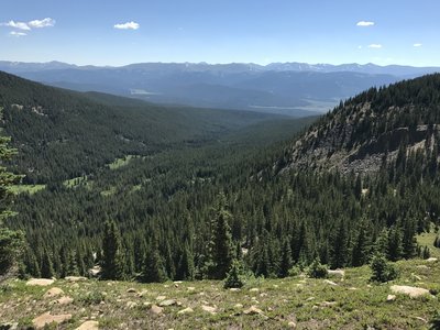 View looking east toward Tennessee Pass from the high point (11,700 ft) on CT segment 9 just above treeline.