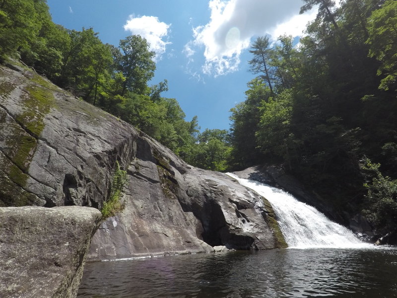 Harper Creek Falls dropping into one of the many great swimming holes along this trail.