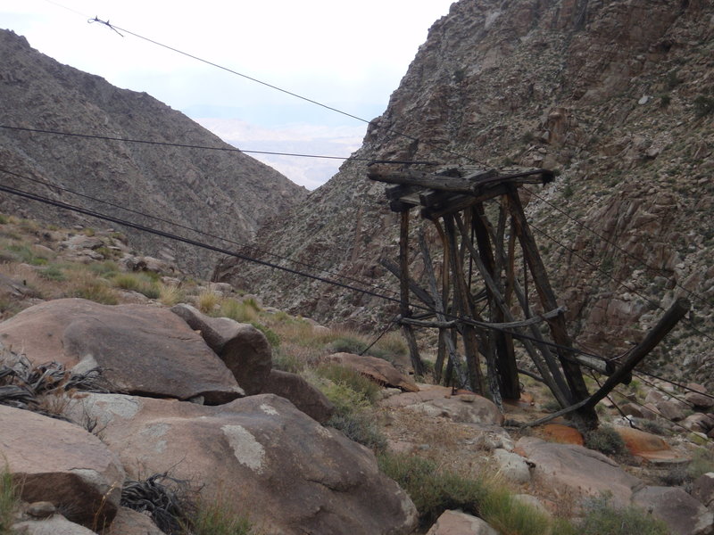 Parts of the old tramway. Follow the cables up to another cabin on the ridge above. Keynot Mine is then beyond that. Go east from here to Snowflake Mine and Saline Valley.
