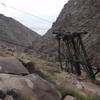 Parts of the old tramway. Follow the cables up to another cabin on the ridge above. Keynot Mine is then beyond that. Go east from here to Snowflake Mine and Saline Valley.