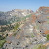 This is the ridge leading to Devil's Castle, on the right outside the frame is a cliff leading down to Alta Ski Resort, the view on the left is the top of American Fork Canyon.