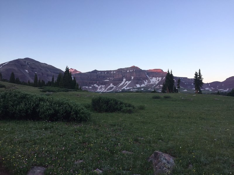 Looking up Henry's Fork towards the headwall (Kings Peak can be seen in the back left middle, behind a tree)