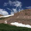 A view of a pair of interesting pinnacles from the trail that leads from Gunsight Pass through Painter Basin towards Anderson Pass