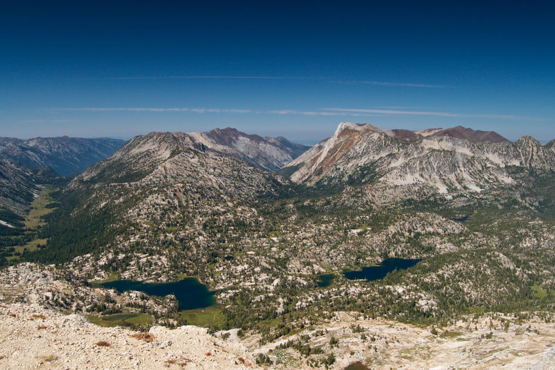 View from the summit with Mirror Lake, Sunshine Lake and Moccasin Lake in the foreground.