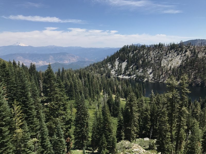 View of Paynes Lake in Russian Wilderness and Mount Shasta from Albers Lake Trail.