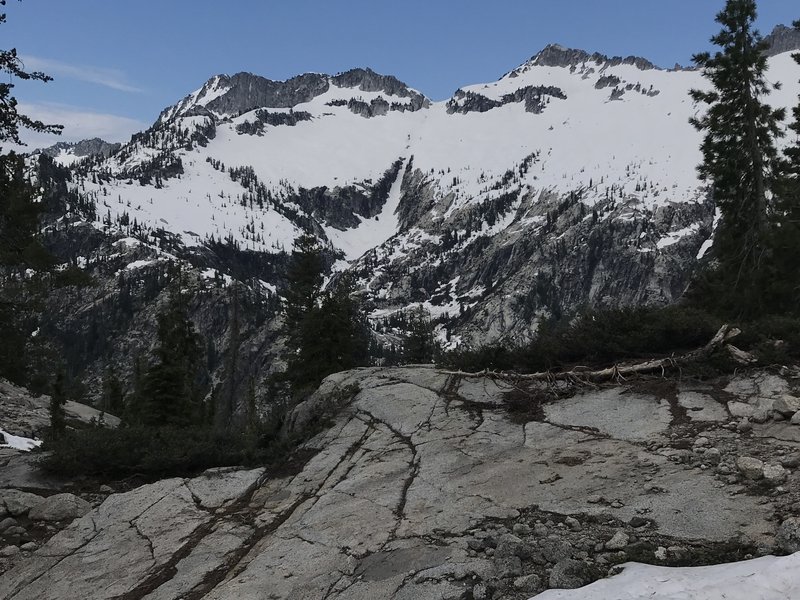 Looking toward Mount Hilton above Upper Canyon Creek Lake from Little Lake (L Lake) Trail in Trinity Alps Wilderness