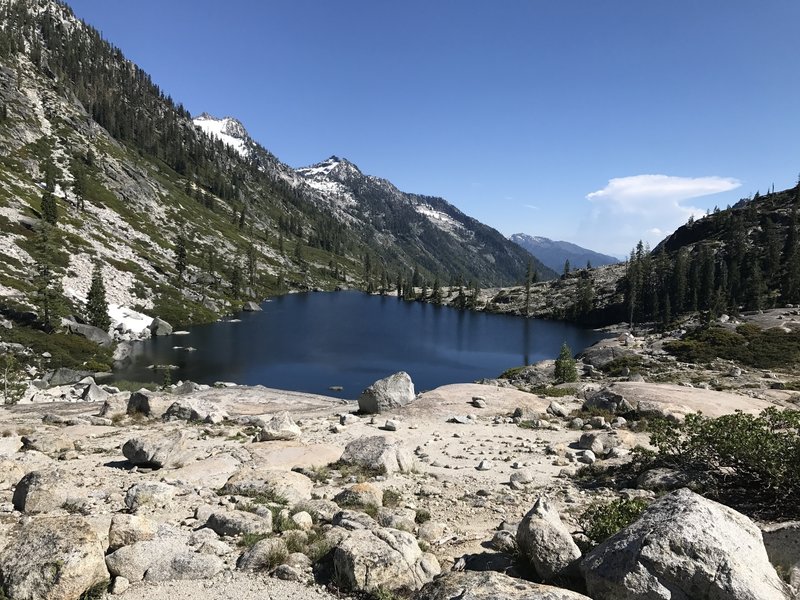 View of Lower Canyon Creek Lake from Upper Canyon Creek Lake in Trinity Alps Wilderness