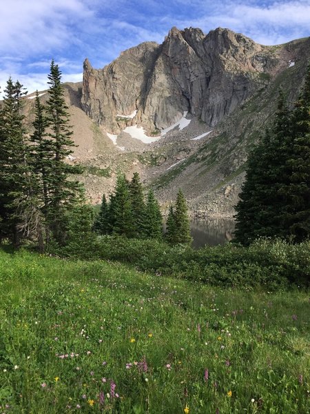 Looking over Devils Thumb Lake towards Devils Thumb itself.