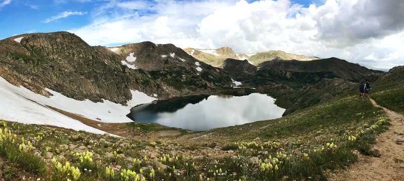 Descending to Kings Lake surrounded by Yellow Paintbrush.