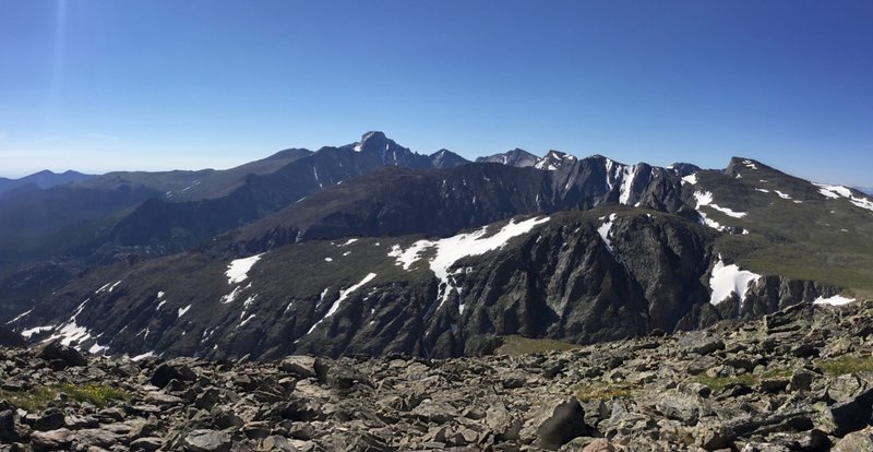 Panorama of Longs Peak and other mountains from Hallett Peak