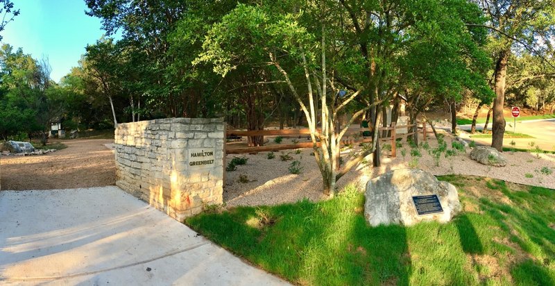 Main entrance to Hamilton Greenbelt trail system. Parking lot, bathrooms, and free purified water dispenser all here at the entrance.