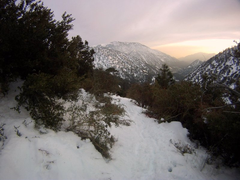A snowy sunset from the Baldy Bowl Trail.