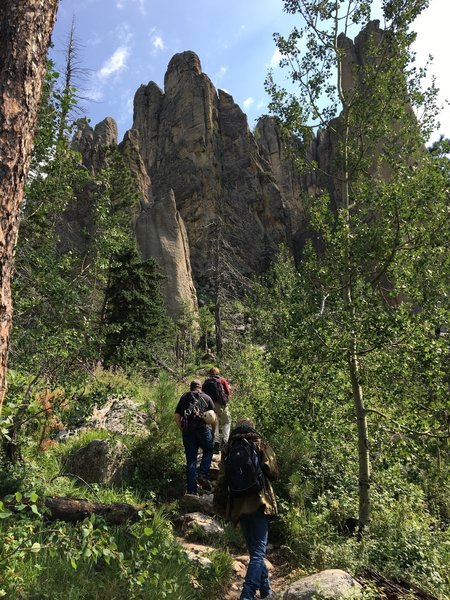 Spire 2 and the Khayyam Spire towering above the trail