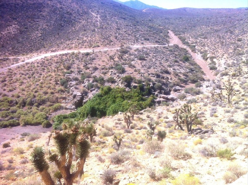 A view looking down at Grapevine Springs. A small corral with natural spring and livestock trough. Kind of odd to see in the middle of a desert.