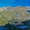 Evening sun on Rae Lakes and Sierra crest. Dragon Peak is in the left center on the far ridge. Painted Lady and Mt. Rixford are on the far right