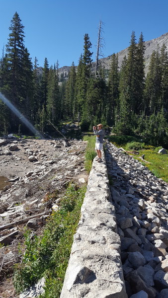 This rock dam at Lower Red Pine Lake was built in the 1920's.