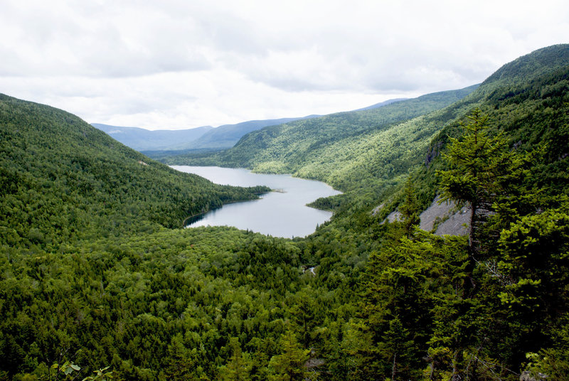 Looking down on Wassataquoik Lake from the north end of lake. Shelter is in the small penninsula on the right of lake.