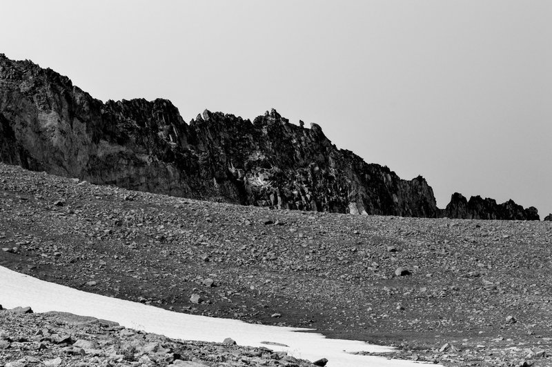 The jagged northern side of Third Burroughs as seen from a snowfield on the way up.