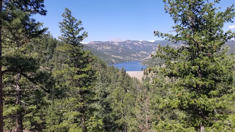 Mountain, reservoir, and dam view from trail