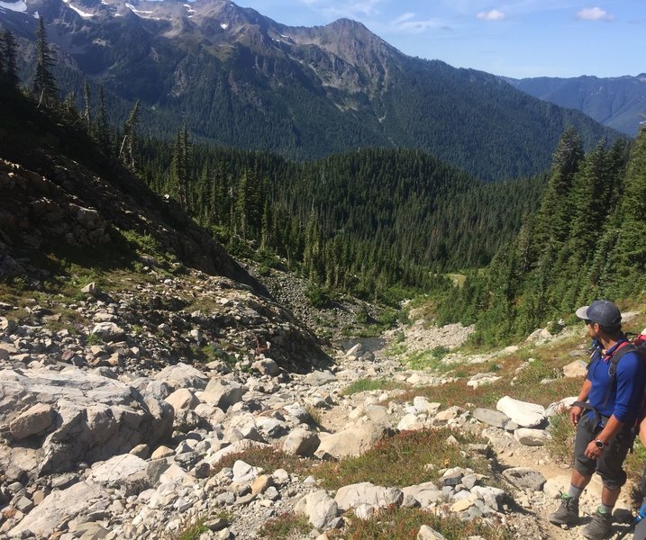 Ascending the Lateral Moraine and looking back at the water source above Glacier Meadows Camp