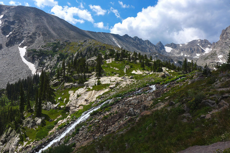 The waterfall flowing from Lake Isabelle.