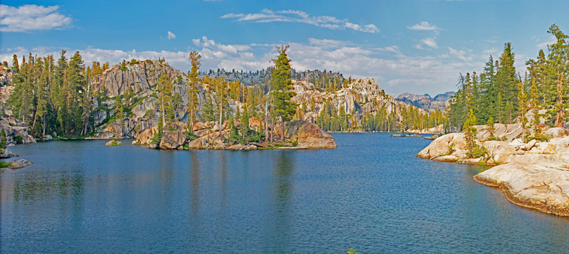 Lower Buck Lake is deep and narrow, with inlets and rocky points.