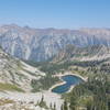 View of Red Pine Lake from the ridgeline leading to Pfeifferhorn summit.