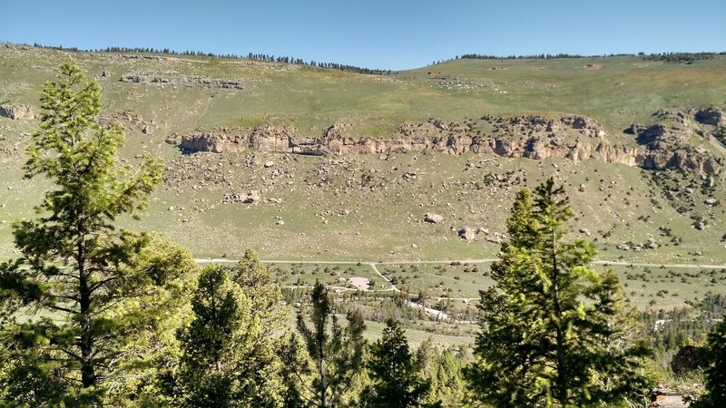 Looking across Sinks Canyon and down at the Sinks Canyon Campground parking lot.