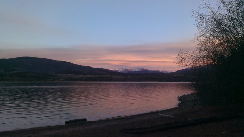 Sunset on Torreys and Grays and the Continental Divide from Frisco Peninsula Lakeshore Loop.