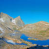 Morning at Vee Lake and Seven Gables. Pond on peninsula still iced over on 09/11/2017. Route to Big Bear Lake is up easy cliffs towards the right.